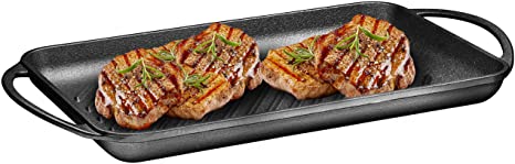Pre-Seasoned Cast-Iron Rectangular Grill Pan with Raised Seared Lines, Non-Stick Pan for Stove Tops, Perfect for Steak, Fish and BBQ, Chip Resistant, Loop Handles, 9.5" x 13.5" By Bruntmor