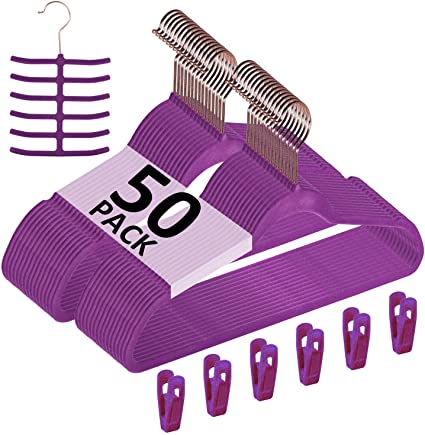 VECELO Premium Velvet Suit Hangers Heavy Duty (50 Pack) - Non Slip & Space-Saving Clothes Hangers with 6 Finger Clips and Tie Rack Excellent for Men and Women (Purple)