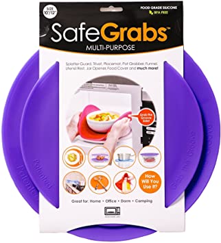 Safe Grabs: Multi-Purpose Silicone Original Microwave Mat as Seen on Shark Tank | Splatter Guard, Trivet, Hot Pad, Pot Holder, Minimize Mess (BPA Free, Heat Resistant, Dishwasher Safe),Set of 2 Purple