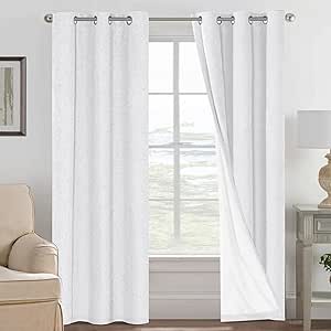 H.VERSAILTEX 100% Blackout Curtains for Bedroom Thermal Insulated Linen Textured Curtains Heat and Full Light Blocking Drapes Living Room Curtains 2 Panel Sets, 42x84 - Inch, Pure White