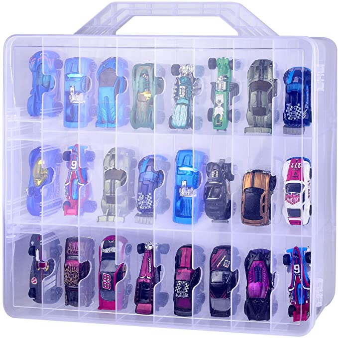 Adam Toys Organizer Storage Compatible with Hot Wheels Car, Container for Matchbox Cars, Mini Toys, Small Dolls, Double Sided Carrying Box for Hotwheels Car- 48 Compartments(Box Only)