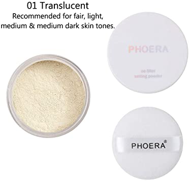 PHOERA Translucent Loose Makeup Setting Matte Face Powder   Puff, Long Lasting Lightweight Foundation Make Up Fixer Beauty Blender Highlighter Palette - Ideal for Flash Photography (01 Translucent)