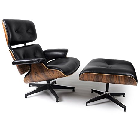 UrbanFurnishing.net - Mid Century Plywood Lounge Chair & Ottoman - Black Aniline Leather / Palisander