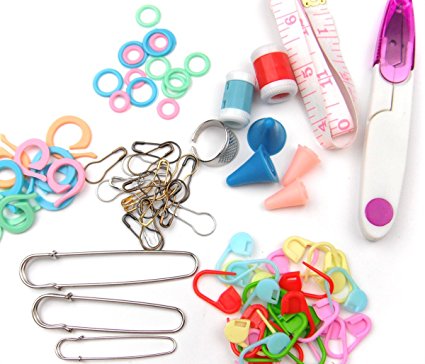 ALL in ONE (Tool Pin Marker Kit) Split Ring Marker, Stitch Ring Marker, Plastic Locking Stitch Marker, Yarn Scissors with Lid, Silicone Needle Cap, Soft Ruler, Knit Count, Thimble