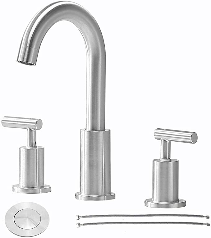Comllen Modern Commercial 2 Handle 3 Hole Brushed Nickel 8 Inch Lavatory Widespread Bathroom Faucet, Laundry Basin Vanity Bathroom Sink Faucet With Pop Up Drain And Water Supply Lines
