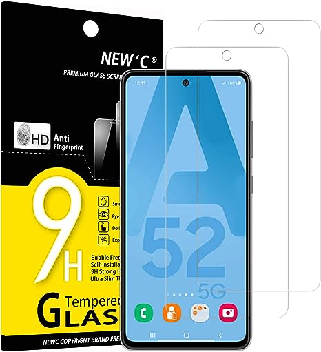 NEW'C 2 Pezzi, Vetro Temperato per Samsung Galaxy A52, A52 5G, A52S 5G, Pellicola Prottetiva Anti Graffio, Anti-Impronte, Senza Bolle, Durezza 9H, 0,33mm Ultra Trasparente, Ultra Resistente