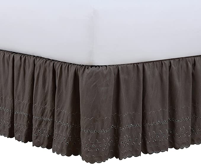 Fresh Ideas Bedding Eyelet Ruffled Bedskirt Classic 14” Drop Length Gathered Styling, Twin XL, Grey