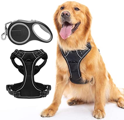 Best No Pull Dog Harness with 16ft Retractable Dog Leash Set, Soft Mesh Dog Vest Harness No Escape, Reflective & Heavy Duty for Medium Large Breeds Doggies Outdoor Adventure/Training/Walking/Hiking