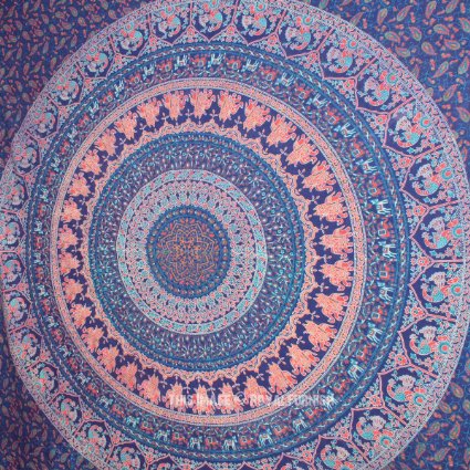 Blue Queen Elephant Mandala Wall Tapestries, Psychedelic Indian Tapestry Bedding, Bohemian Wall Hanging, Floral Print Bed Cover