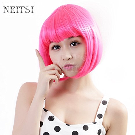 Neitsi 100% Kanekalon Fiber 14"(35cm) 160g/pc Women's Girl's Cosplay Short Synthetic BOB Hair Wigs Halloween Party (Dark Pink)