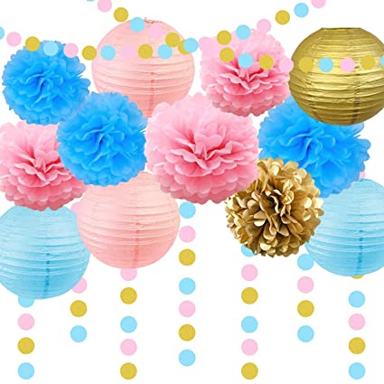 Gender Reveal Party Decoration Supplies, Baby Blue and Pink Paper Lantern Tissue Pom Poms Flowers for Birthday Wedding Bachelorette Baby Shower Party Decorations