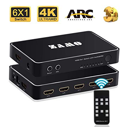 6 Port 4k HDMI Switch with ARC Audio Extractor, ZAMO 6X1 HDMI Switch with Optical SPDIF & 3.5mm Audio Out,6 in 1 Out HDMI Switcher with IR Remote Control for PS4/ Xbox/Roku