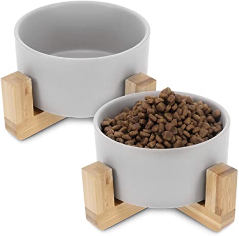 Navaris Ceramic Elevated Cat Bowls - Raised Double Food and Water Bowl Set for Cats and Small Dogs with Wood Stands - No Spill Eco Friendly Pet Bowls