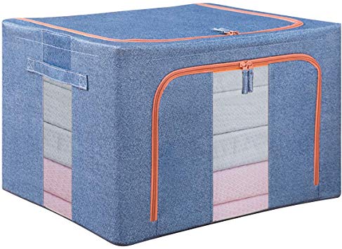 SJINC Storage Bins Boxes | Foldable Stackable Container Organizer Basket Set with Lids & Window & Carry Handles | for Bedding, Clothes | Blue, 22L