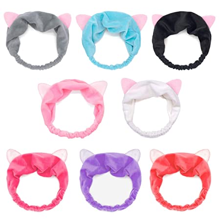 BestFire Cute Cat Ears Headbands, 8Pcs Elastic Women's Lovely Hair Band, Spa Shower Face Washing Hairband Facial Headband Make Up Wrap Head Band Washable Colourful Cloth Fits All Head Sizes