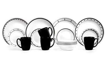 Corelle 1131599 Livingware Black and White 16-Piece Dinnerware Set, 5.75 x 11.25 x 11.00,