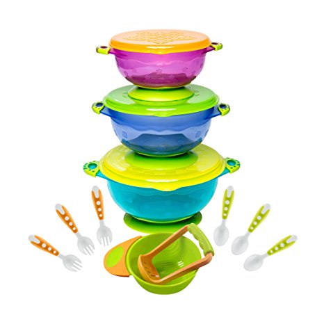 BABY FEEDING BOWLS with TODDLER UTENSILS - Ultimate Baby Feeding Set | Mash and Serve Bowl | Baby Utensils and Baby Bowls | Perfect Baby Shower Gift | Orange and Green
