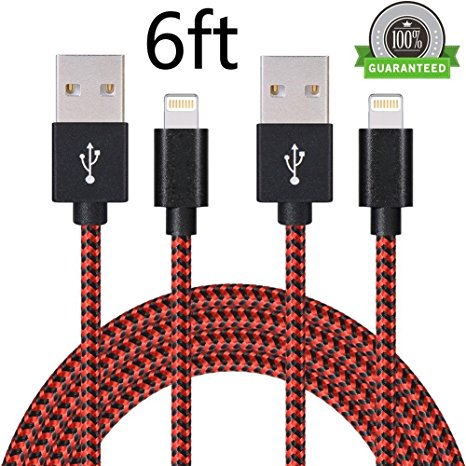 ONSON iPhone Cable,2Pack 6FT Nylon Braided Cord Lightning Cable Certified to USB Charging Charger for iPhone 7/7 Plus/6/6 Plus/6S/6S Plus,SE/5S/5,iPad,iPod Nano 7 (Black Red,6FT)