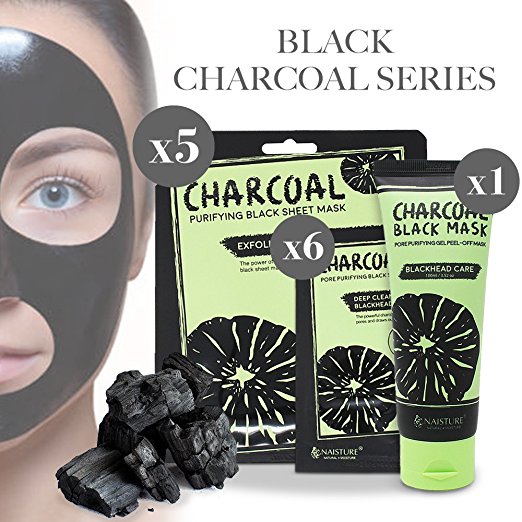 Activated Charcoal Blackhead Remover Pore Cleansing Set - Facial Peel Off Sheet Masks (5 Count)   Nose Strips (6 Count)   Exfoliating Gel Black Mask by Naisture  (100 mL)