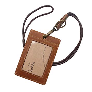 Boshiho Vertical Style Cowhide Leather ID Card Badge Holder with Heavy Duty Lanyard (Crazy Horse Leather)
