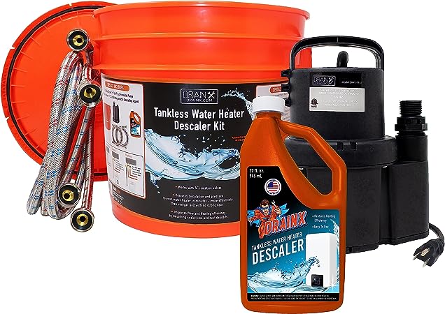 DrainX Tankless Water Heater Flushing Kit with Eco-safe Liquid Descaler Solution, Steel Hoses, 1/6HP Extra Strength Pump