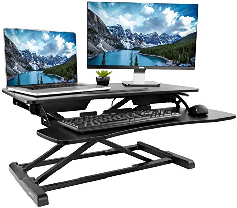 VIVO Height Adjustable Standing Desk Sit to Stand Gas Spring Riser Converter | 32" Wide Tabletop Workstation fits Dual Monitor (DESK-V000K)