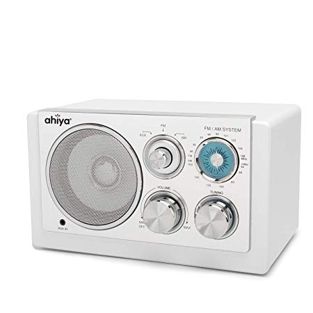 ahiya Radio Audio Fm Am Multifunction Speaker Button Control Best Reception Wired AC 9V Adaptor or Wireless 4 AA Bateries (Not Included) 5W for Home Kitchen Living Room Table Top White