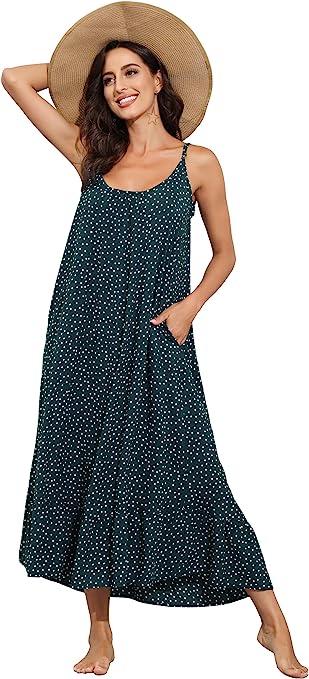 BUENOS NINOS Women's V Neck Floral Maxi Dress Boho Printed Adjustable Spaghetti Strap Ethnic Beach Long Dress with Pockets