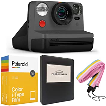 Polaroid Now i-Type Instant Camera - Black   Polaroid Color i-Type Film (16 Sheets)   Black Album   Neck Strap - Gift Bundle