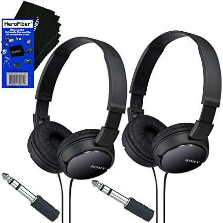 Sony MDRZX110 ZX Series Stereo Headphones (Black) with 3.5mm Mini Plug to 1/4 inch Headphone Adapter & HeroFiber® Ultra Gentle Cleaning Cloth (2 Pack)