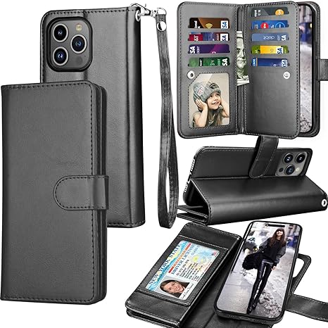 Tekcoo Wallet Case Compatible with iPhone 15 Pro (6.1 inch) 2023 Luxury ID Cash Credit Card Slots Holder Carrying Pouch Folio Flip PU Leather Cover [Detachable Magnetic Hard Case] with Strap [Black]