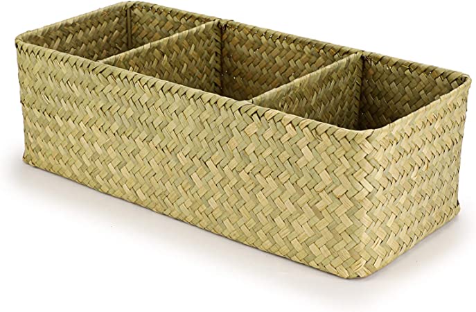 Hipiwe 3 Sections Seagrass Toilet Tank Topper Paper Basket Handwoven Wicker Storage Bin Bathroom Toilet Organizer Home Decorative Basket Bins for Shelves, Kitchen Cabinets, Closets