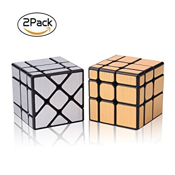 Speed Cube Set , ROXENDA Magic Cube Set of Gold Mirror S Cube and Silver Windmirror Cube , Irregular Speedcubing 3x3x3 Speed Cube Twisty Box Puzzle
