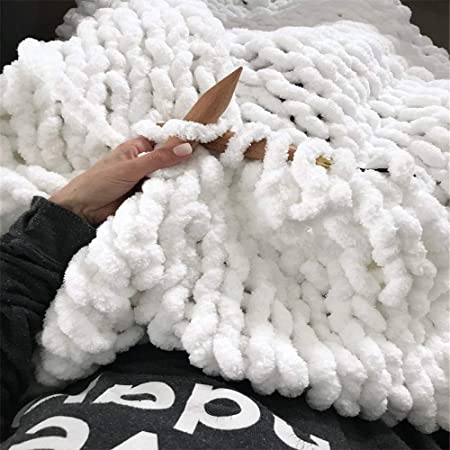Chunky Knit Blanket Chenille Throw Warm Soft Giant Handmade Gift for Sofa Bed Home Decor Luxury White 50"×60"