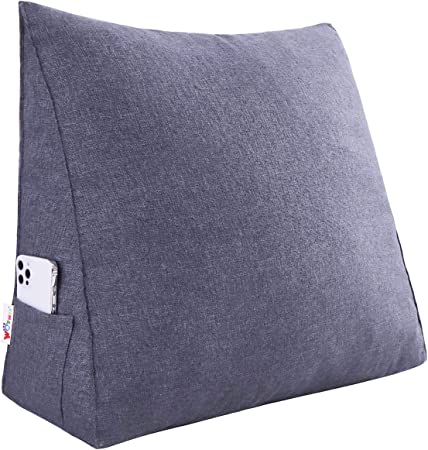 WOWMAX Reading Pillow Bed Wedge Large Adult Backrest Lounge Cushion with Pocket Firm Back Support for Sitting Up in Bed Couch Without arms for GERD Heartburn Dark Grey 23.5 Inches