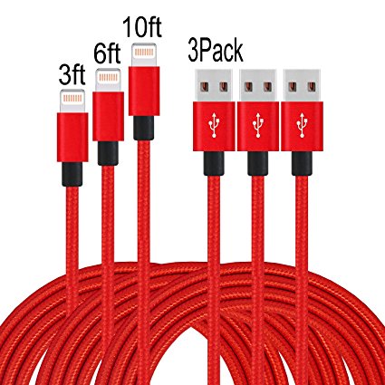 E-POWIND [3,6,10]ft Lightning Cable with Ultra-compact Connector Charging Cable Cord For iPhone7/7plus/6/6plus/6s/6splus,iPhone 5/SE, iPad, iPod on Latest IOS10.(Red)