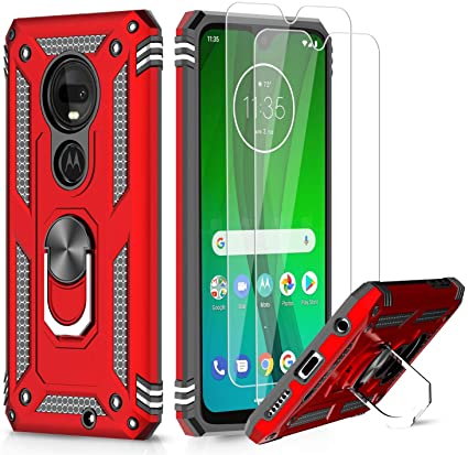 LeYi Moto G7 Case, Moto G7 Plus Case (Not Fit G7 Power/G7 Play) with Tempered Glass Screen Protector [2 Pack], [Military Grade] Defender Phone Case with Magnetic Car Holder Mount Kickstand JSFS Red