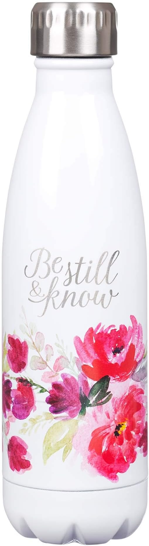 Christian Art Gifts Stainless Steel Double Wall Vacuum Insulated Laser Engraved Water Bottle: Be Still & Know - Ps. 46:10 Inspirational Bible Verse for Hot & Cold Beverages, White/Pink Floral, 17 oz.