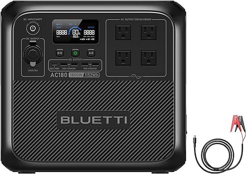 BLUETTI AC180 Portable Power Station AC180, 1152Wh LiFePO4 Battery Backup w/ 4 1800W (2700W peak) AC Outlets, 0-80% in 45 Min., Solar Generator for Camping (Lead-Acid Battery Charging Cable Included)