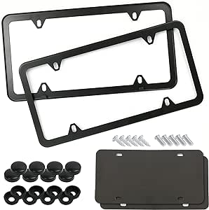 LotFancy Stainless Steel License Plate Frames, 2Pack 4 Hole Car License Plate Covers with Screws Washers Caps and Sponge Shock Pads, Black License Plate Holder for US Vehicles