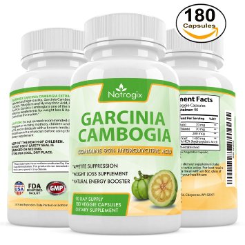 Natrogix Pure 95% HCA Garcinia Cambogia Extract- Most Potent Natural Appetite Suppressant, Weight Loss Supplement - Infused with Potassium & Calcium - Perfect for Women and Men (180 Capsuless)