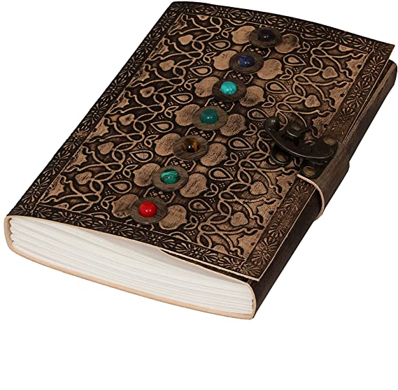 Leather Book of Shadows Journal, Supernatural Notebook with Chakra Gem Stones Healing Crystals and Latch By AzureGreen