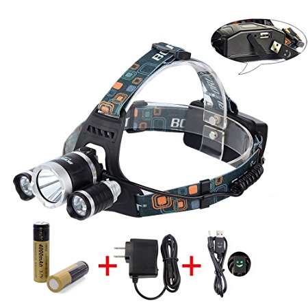 BORUiT RJ-5000 Super Bright Headlamp LM 3 x Cree XML-L2 4 Modes 5000Lumens Rechargeable LED Headlamp Headlight Comfortable Wearing Head Light for Camping/Biking/Hunting/Fishing/Walking