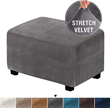 H.VERSAILTEX Real Velvet Plush 1 Piece Form Fit Stretch Rectangle Folding Storage Covers Ottoman Slipcovers Removable Footstool Protect Footrest Covers Elastic Bottom, Machine Washable(Large, Grey)