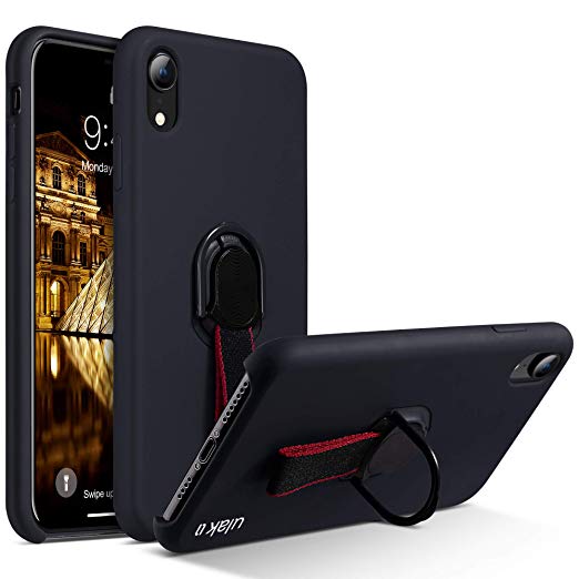 ULAK Liquid Silicone Case for iPhone XR with Finger Strap & Ring Loop Holder Kickstand, Gel Rubber Full Body Protection Shockproof Cover Case Drop Protection Case for Apple iPhone Xr 6.1, Black