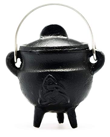 Sarimoire Cauldron -3" Triquetra Cast Iron Cauldron with Lid and Handle - Perfect Incense Smudge Kit Altar Ritual Burning Holder