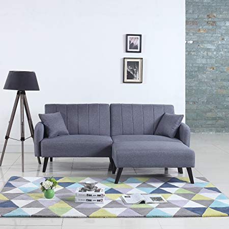 Mid-Century Modern Linen Fabric Futon Sofa Bed Living Room Sleeper Couch [Light Grey]