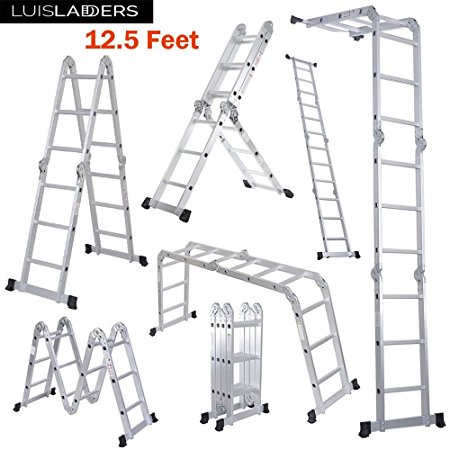 Luisladders 12.5 Feet Aluminum Multi-Purpose Folding Extendable Step Ladder Safety Locking Hinges 330 Pound Capacity Anti-slip Design