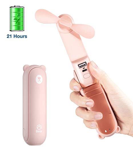 USB Rechargeable Handheld Mini Fan with 14-21 Hrs, Power Bank Feature, Portable Battery Operated Pocket Desk Fan, Foldable,Two Speeds, Whisper Quiet, Flashlight Function for Women and Outdoor(Pink)