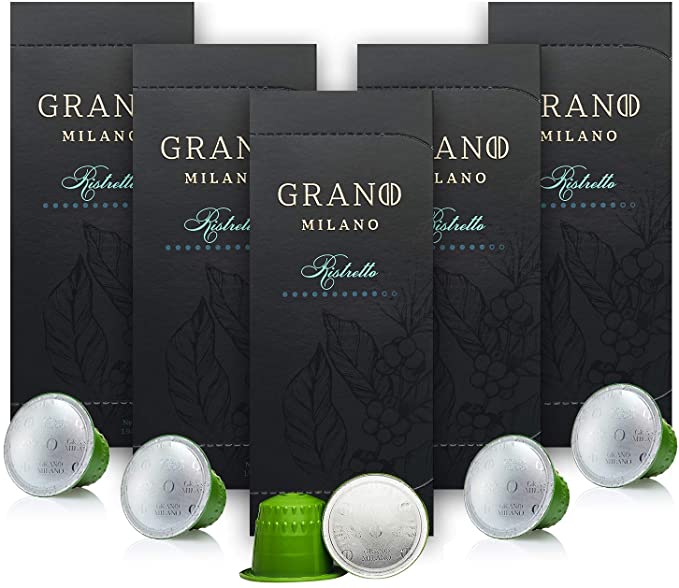 Grano Milano Ristretto Coffee Pods | Compatible with Nespresso | Intensity 10 | Dark Chocolate, Spices, Citrus & Heavy Body | Italian Tailor-Made Blends | Fair Trade Coffee | 50 Pods
